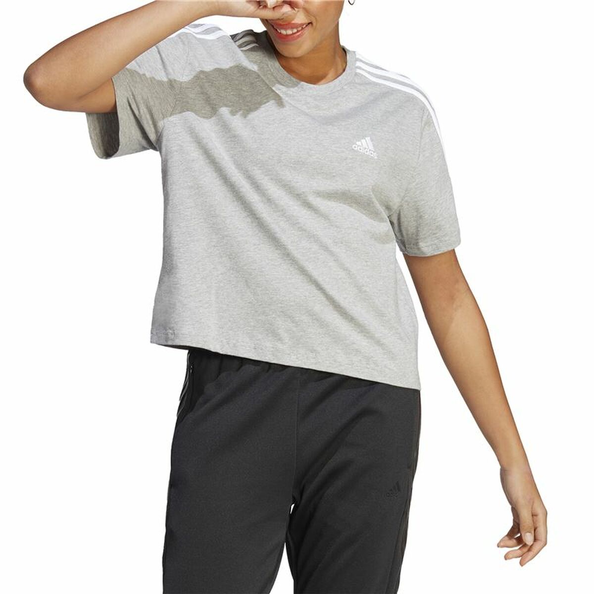 Women’s Short Sleeve T-Shirt Adidas 3S Cropped Top Light grey (XS)-6