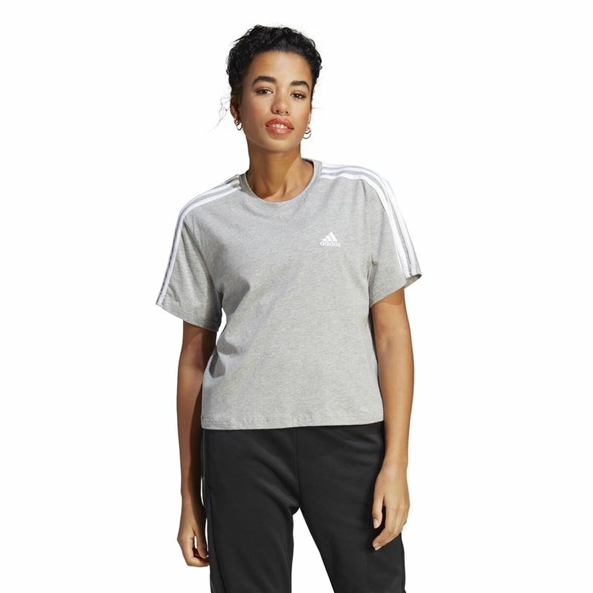 Women’s Short Sleeve T-Shirt Adidas 3S Cropped Top Light grey (XS)-4