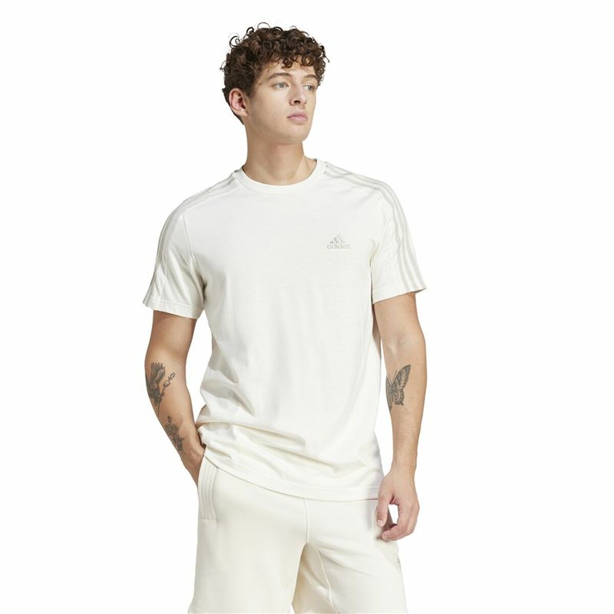 Men’s Short Sleeve T-Shirt Adidas Essentials 3 Bandas White L-4